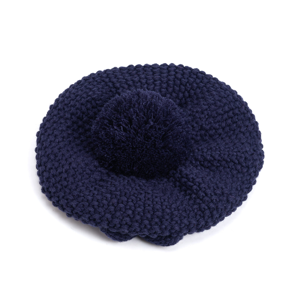 Girls Knitted Beret Beanie Hat with Bow, Fleece Lined Soft Warm Winter Hat in Navy Blue