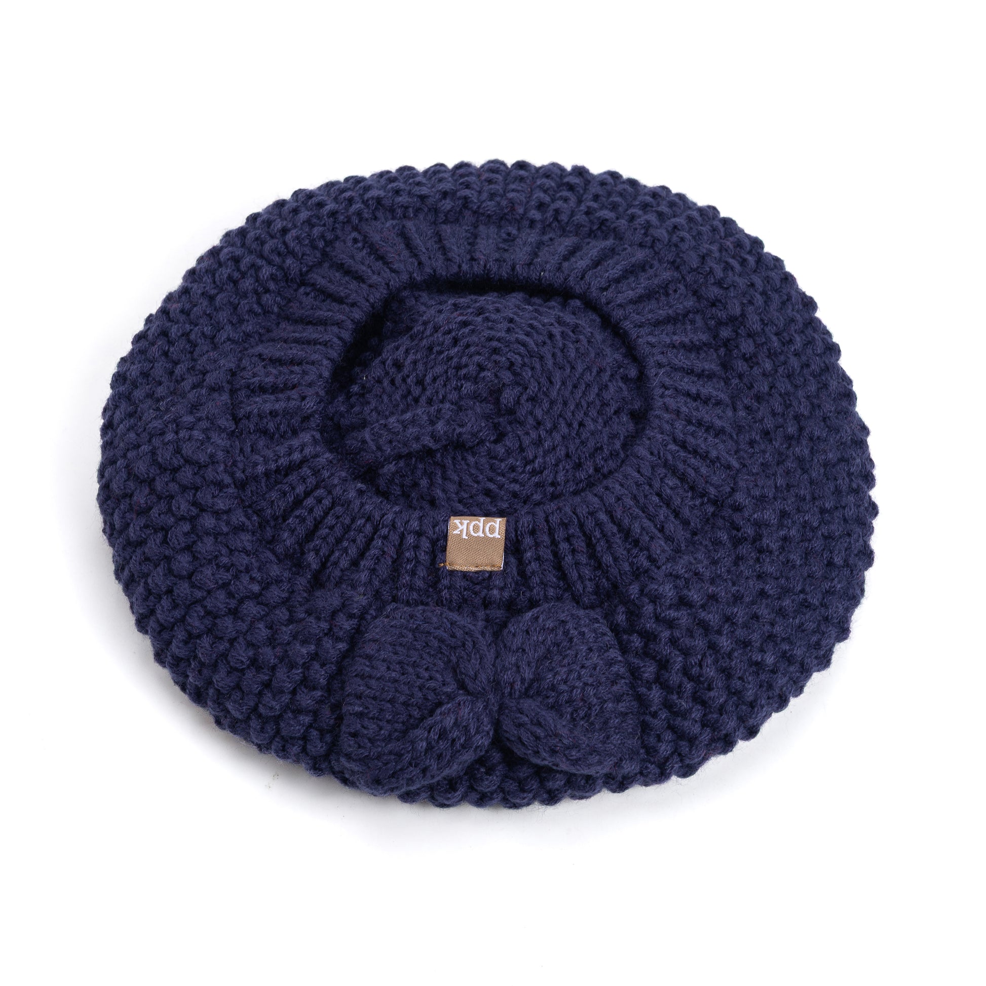 Girls Knitted Beret Beanie Hat with Bow, Fleece Lined Soft Warm Winter Hat in Navy Blue