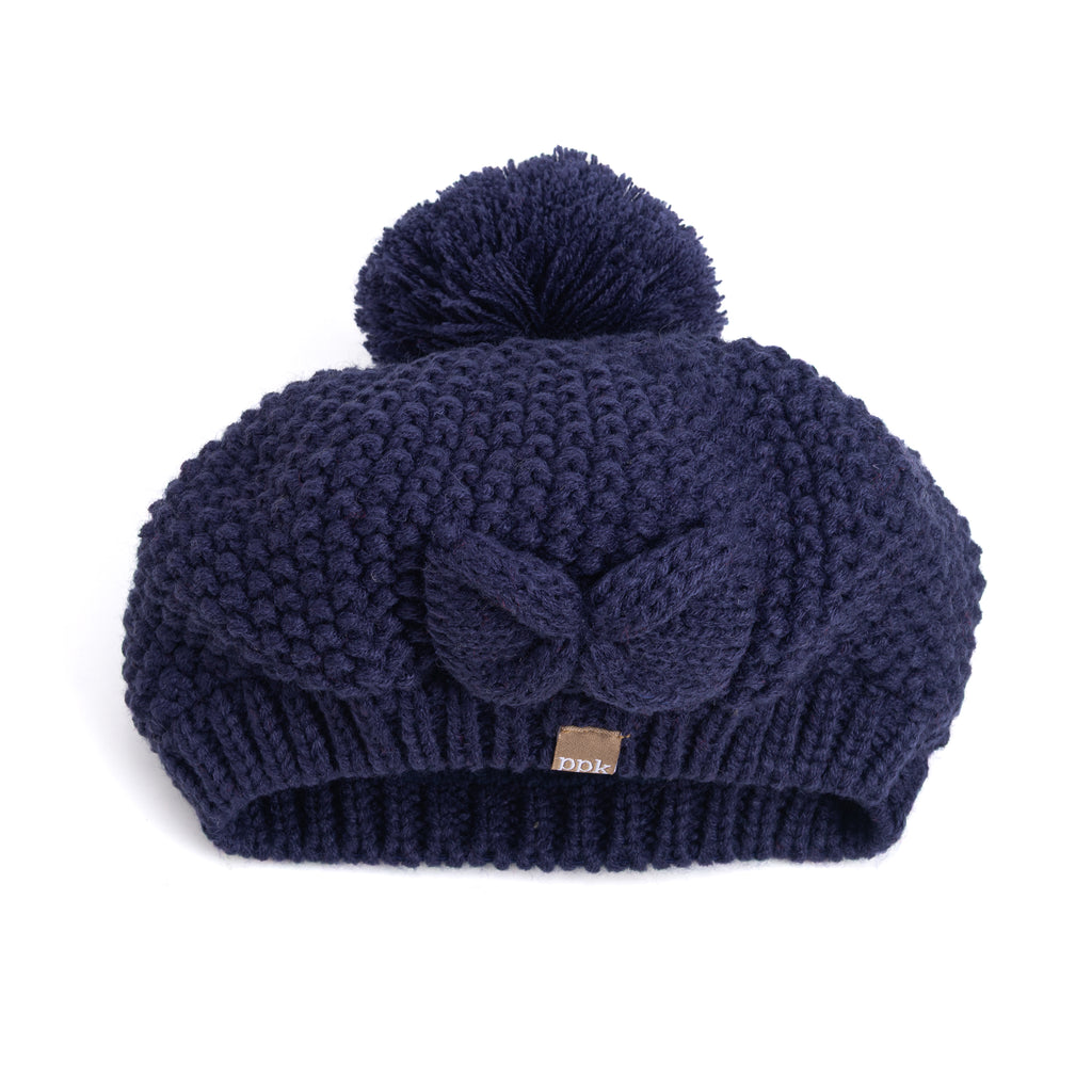 Girls Knitted Beret Beanie Hat with Bow, Fleece Lined Soft Warm Winter Hat in Navy Blue