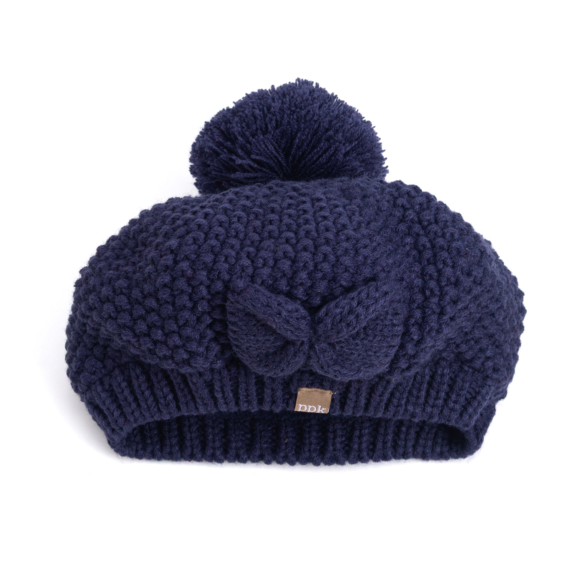 Girls Knitted Beret Beanie Hat with Bow, Fleece Lined Soft Warm Winter Hat in Navy Blue
