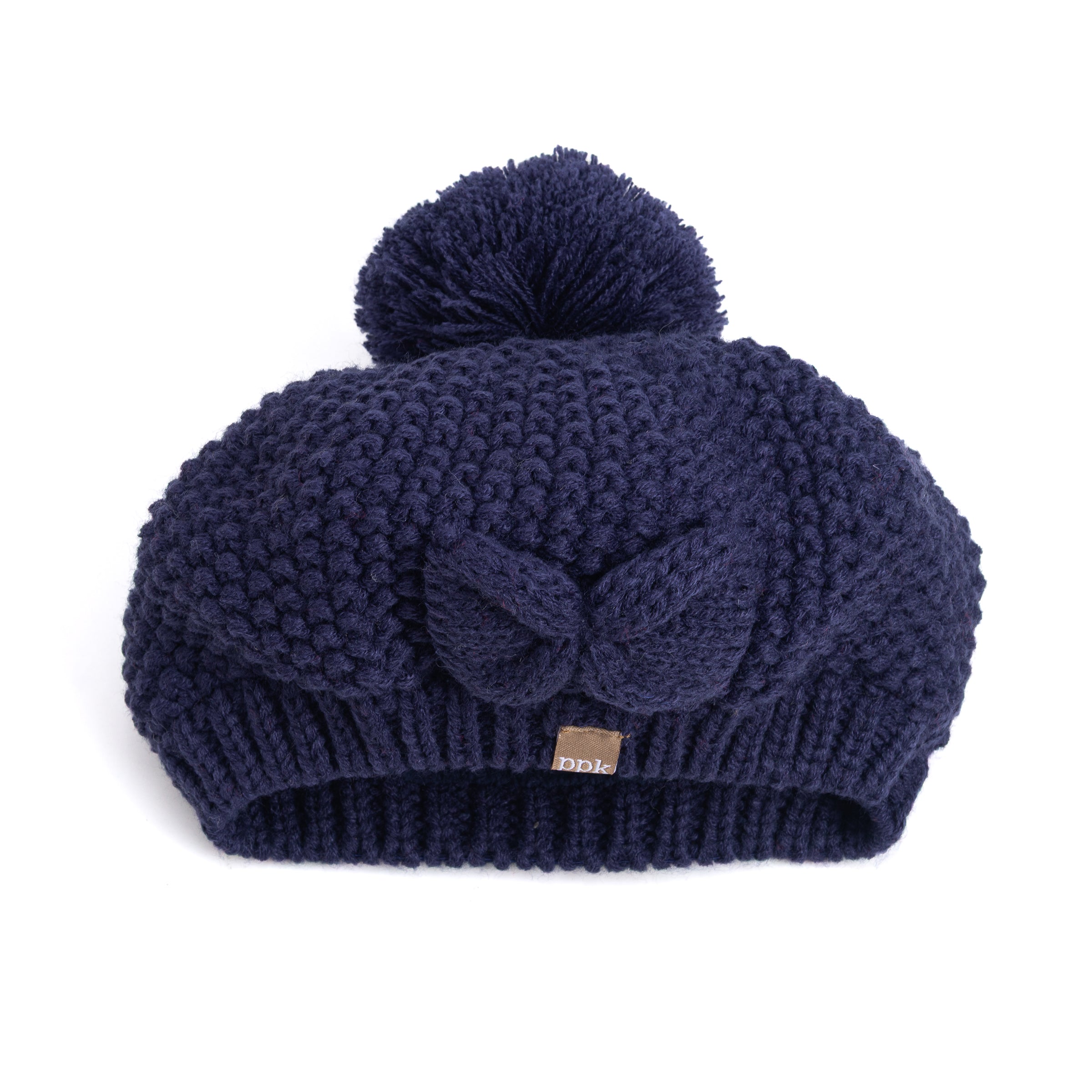 Girls Knitted Beret Beanie Hat with Bow, Fleece Lined Soft Warm Winter Hat in Navy Blue