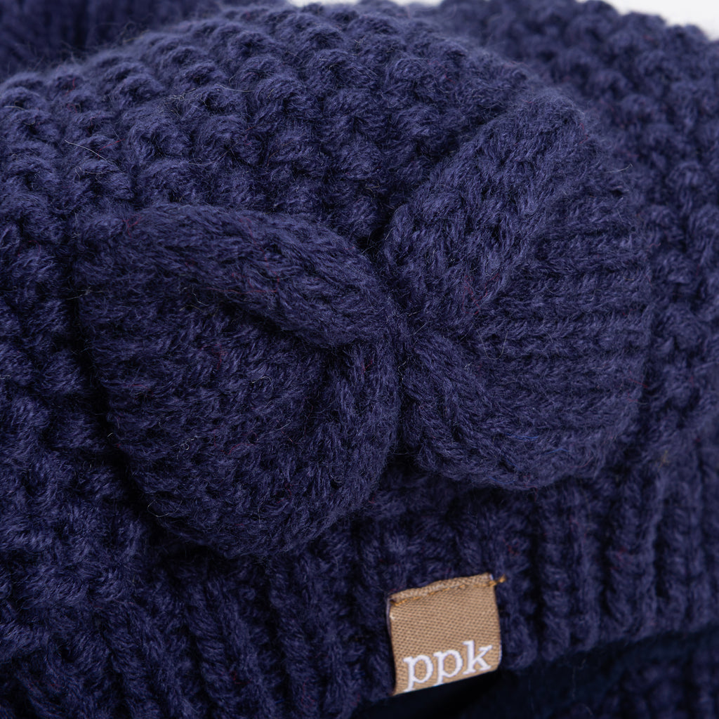 Girls Knitted Beret Beanie Hat with Bow, Fleece Lined Soft Warm Winter Hat in Navy Blue