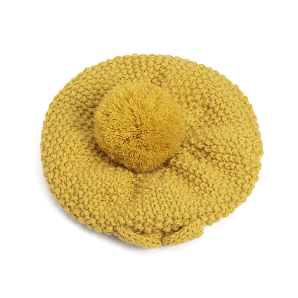 Girls Knitted Beret Beanie Hat with Bow, Fleece Lined Soft Warm Fall Winter Hat in Mustard