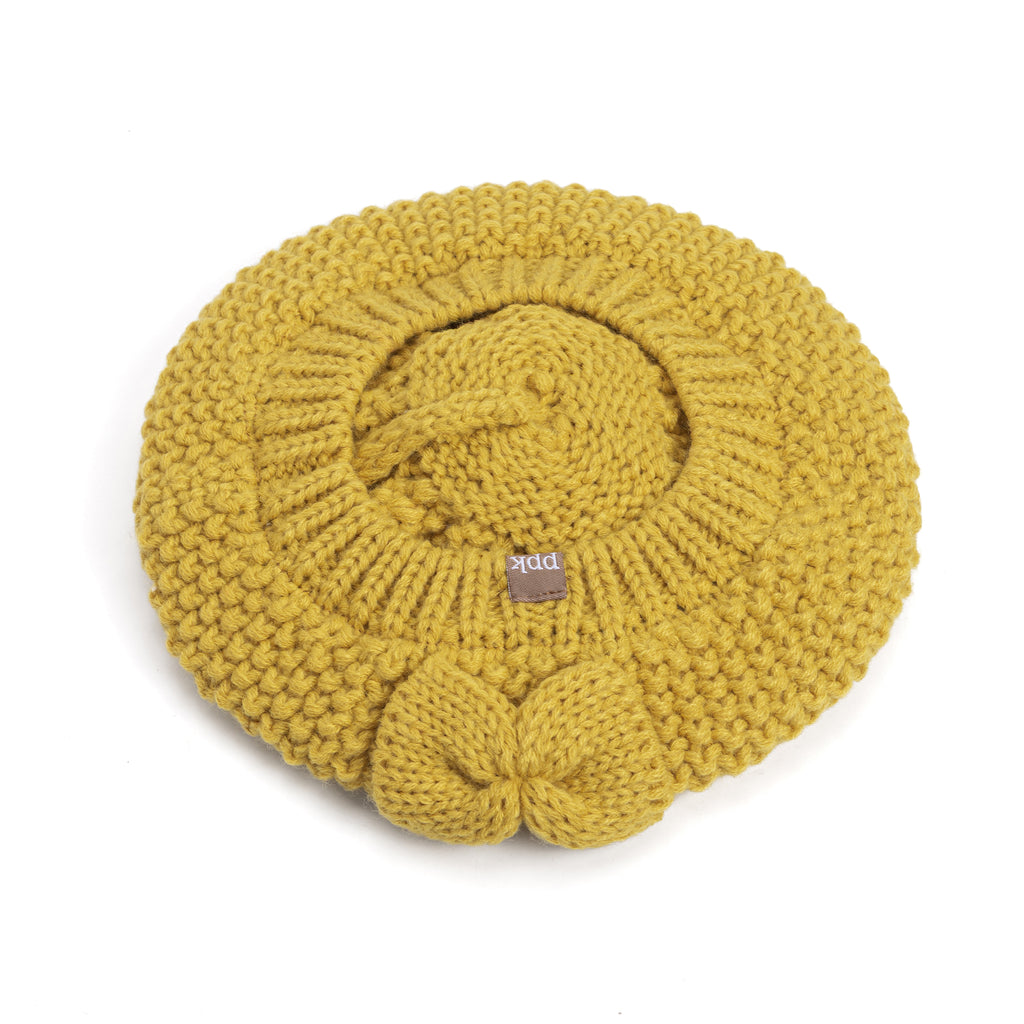 Girls Knitted Beret Beanie Hat with Bow, Fleece Lined Soft Warm Fall Winter Hat in Mustard