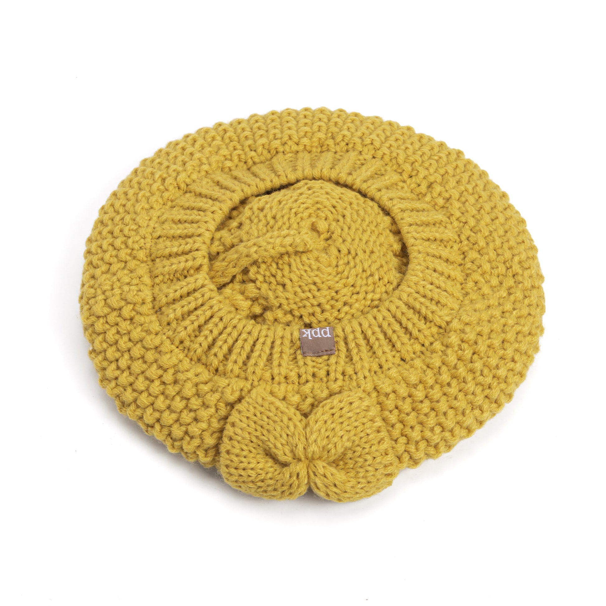 Girls Knitted Beret Beanie Hat with Bow, Fleece Lined Soft Warm Fall Winter Hat in Mustard