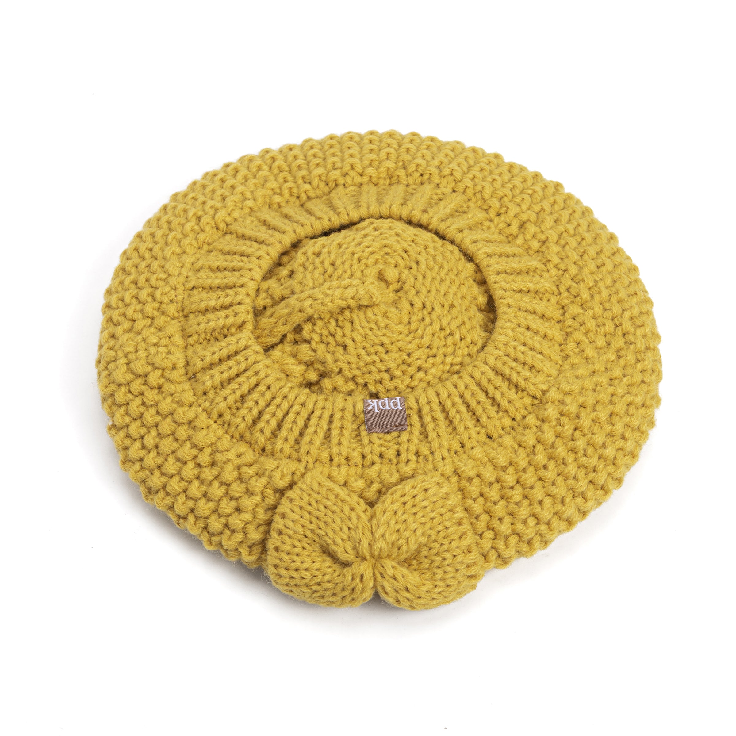 Girls Knitted Beret Beanie Hat with Bow, Fleece Lined Soft Warm Fall Winter Hat in Mustard