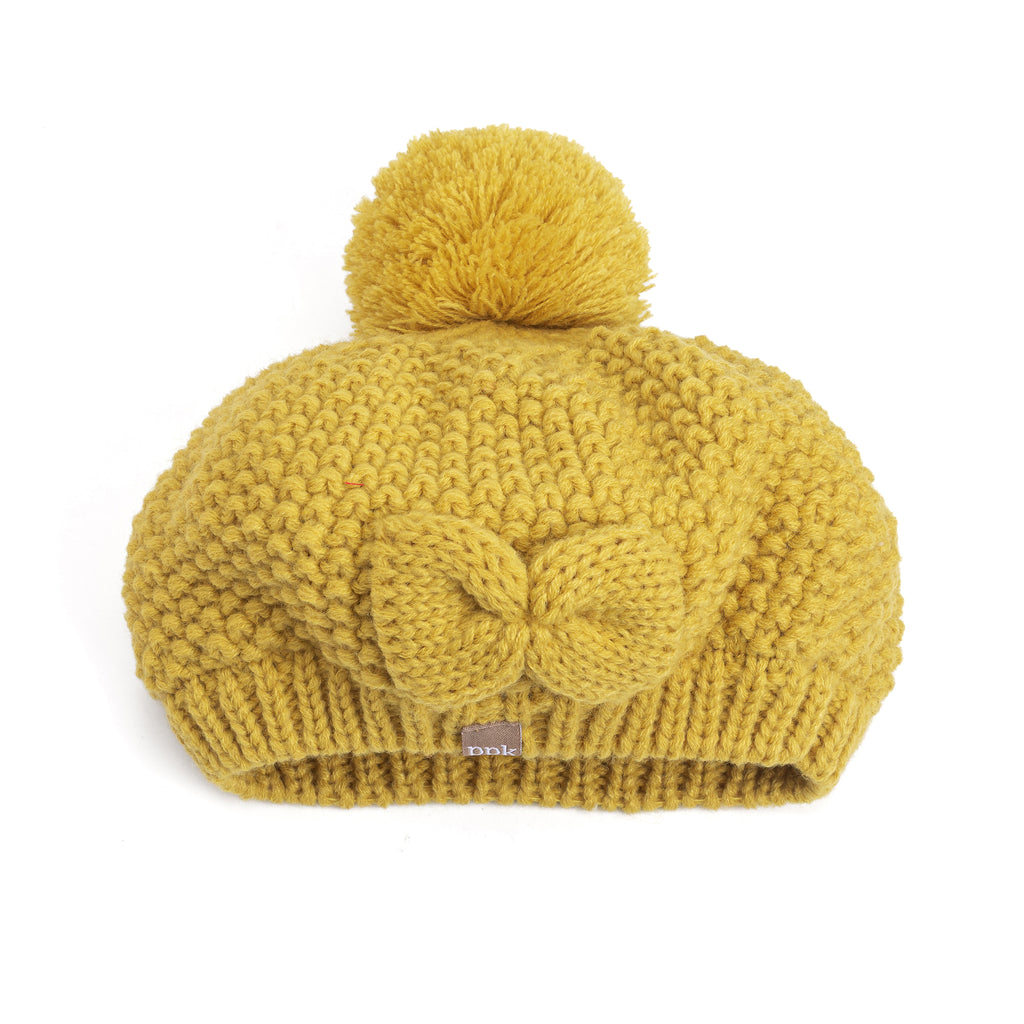 Girls Knitted Beret Beanie Hat with Bow, Fleece Lined Soft Warm Fall Winter Hat in Mustard