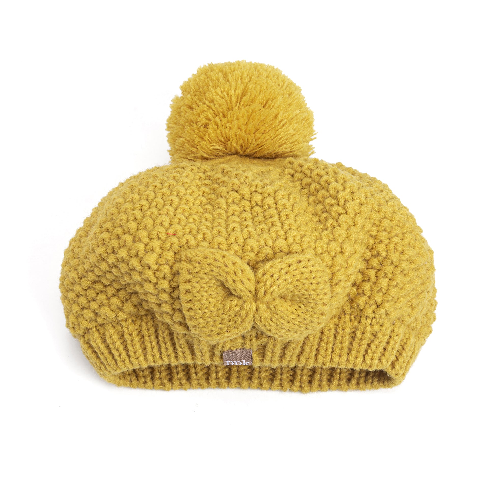 Girls Knitted Beret Beanie Hat with Bow, Fleece Lined Soft Warm Fall Winter Hat in Mustard