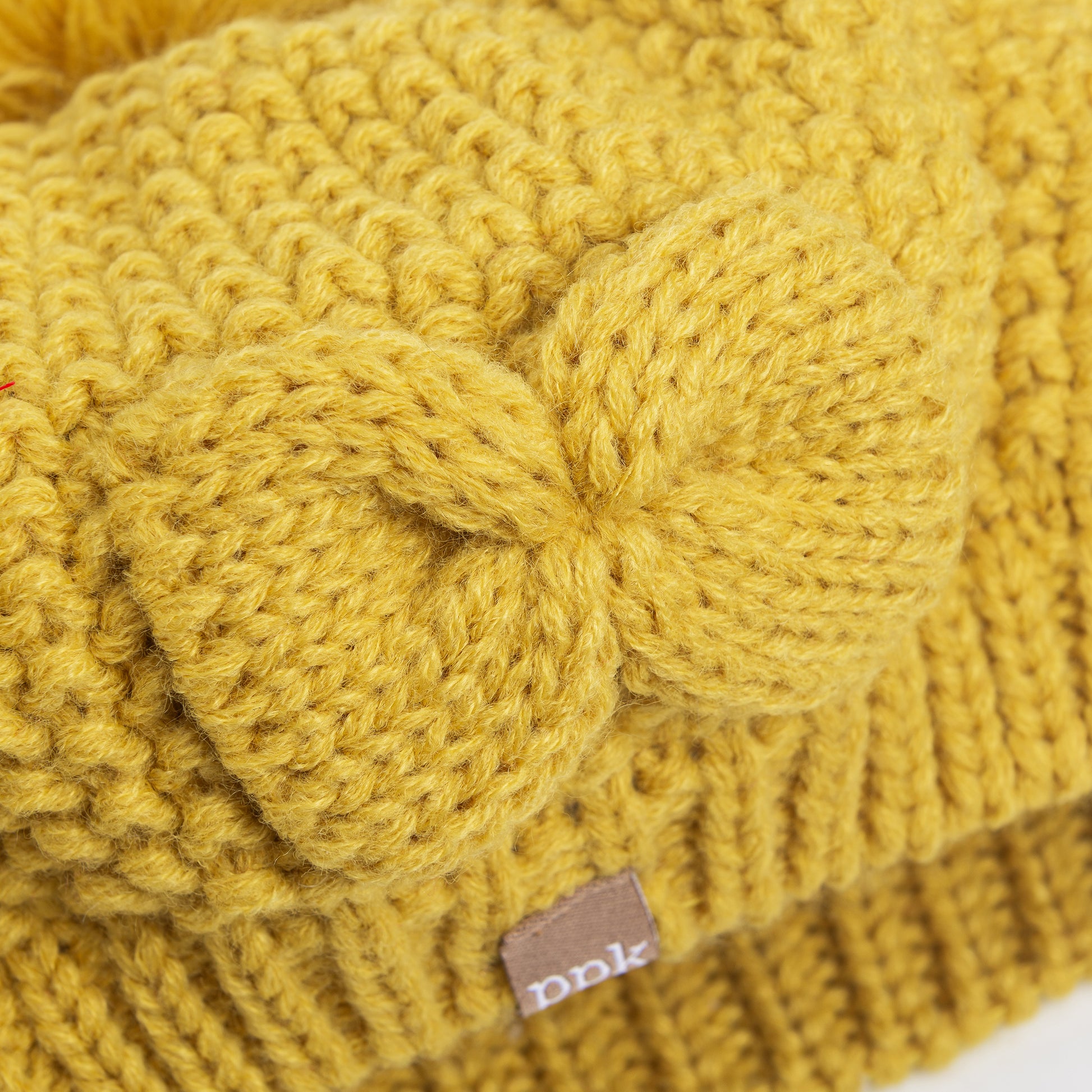 Girls Knitted Beret Beanie Hat with Bow, Fleece Lined Soft Warm Fall Winter Hat in Mustard