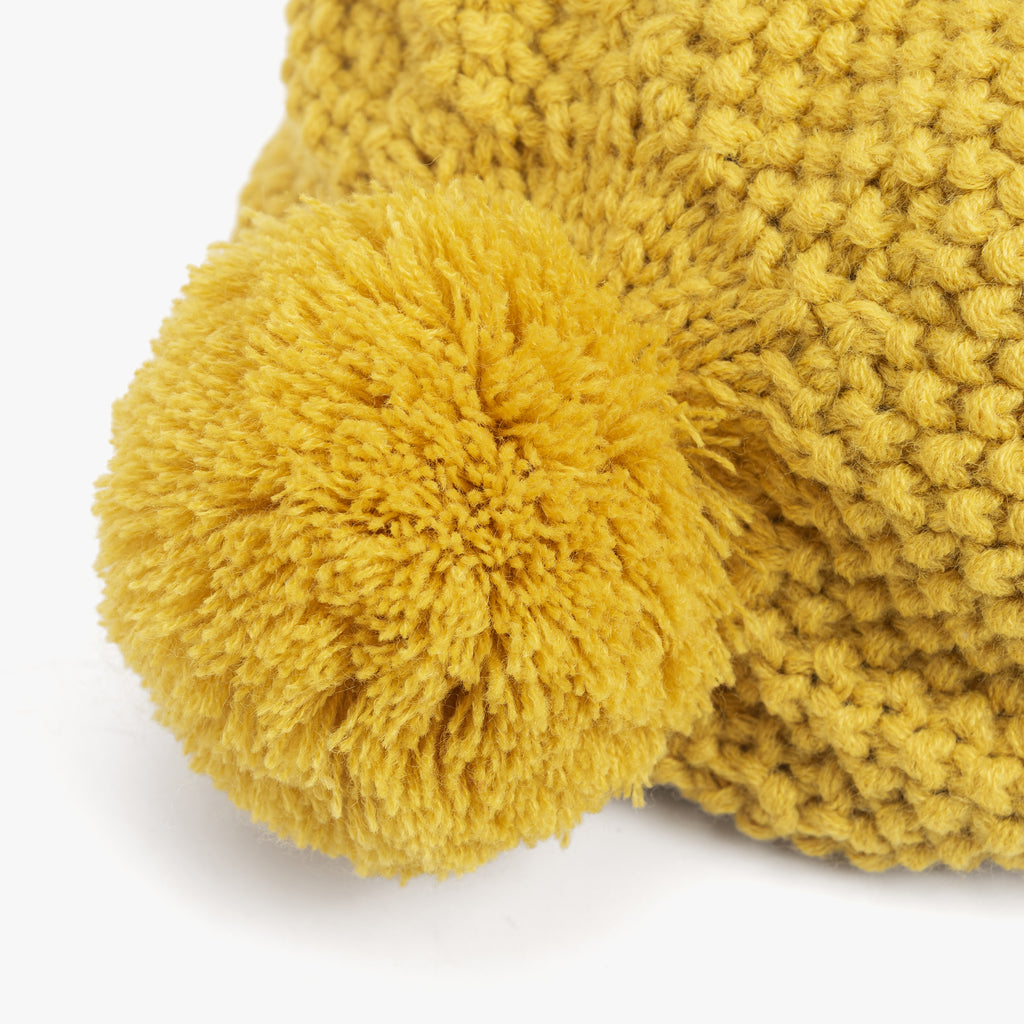 Girls Knitted Beret Beanie Hat with Bow, Fleece Lined Soft Warm Fall Winter Hat in Mustard