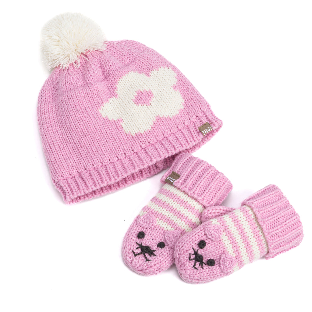 Girls 2-PC Knit Hat Set with Mittens – Unique Fleece‑Lined Beanie and Gloves for Kids 2–6 Years
