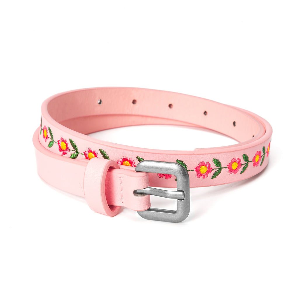 Kids Boho Leather Belt with Floral Embroidery Pattern for Girls 4-14 Years