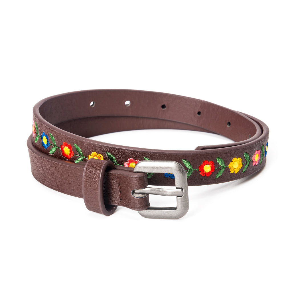 Kids Boho Leather Belt with Floral Embroidery Pattern for Girls 4-14 Years