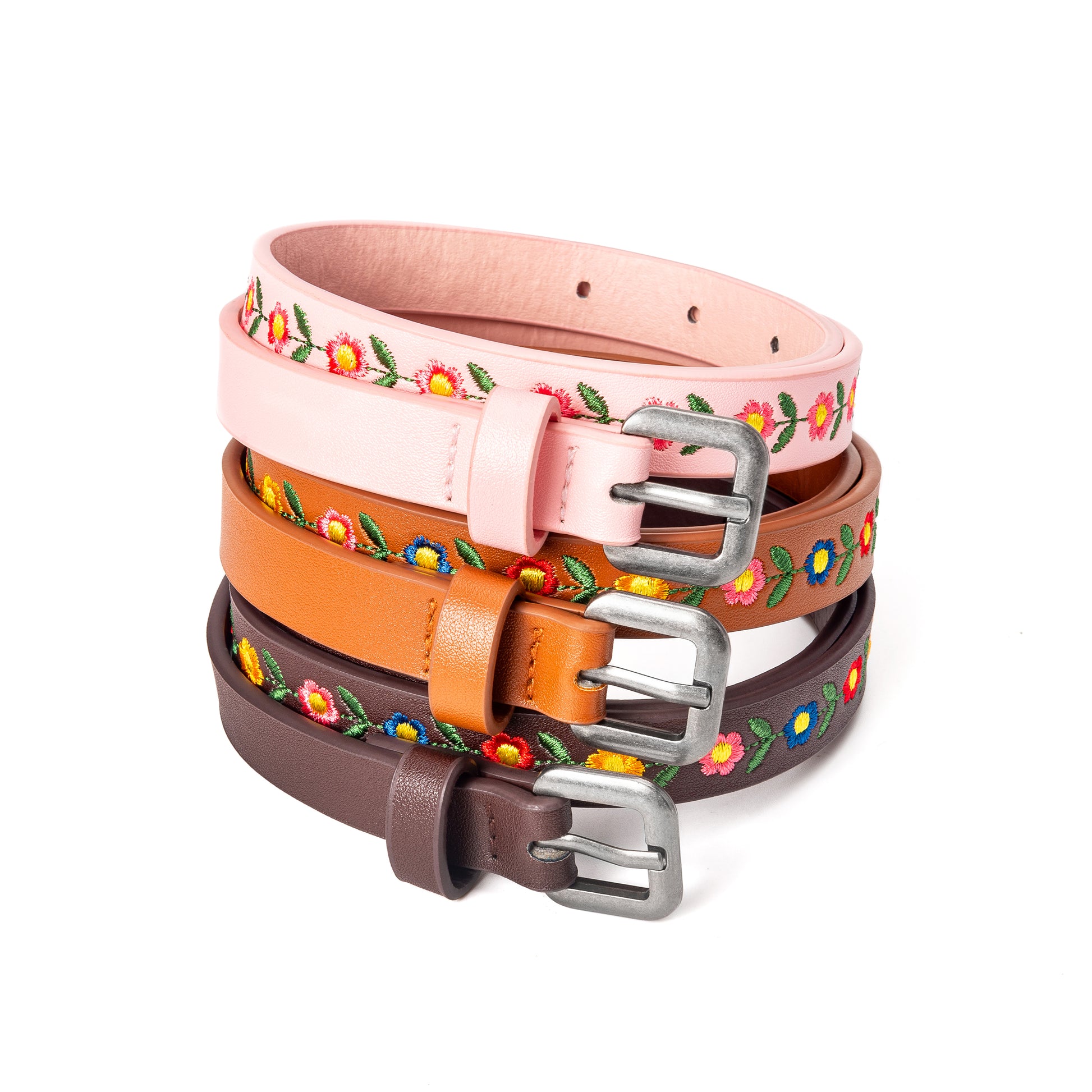 Kids Boho Leather Belt with Floral Embroidery Pattern for Girls 4-14 Years
