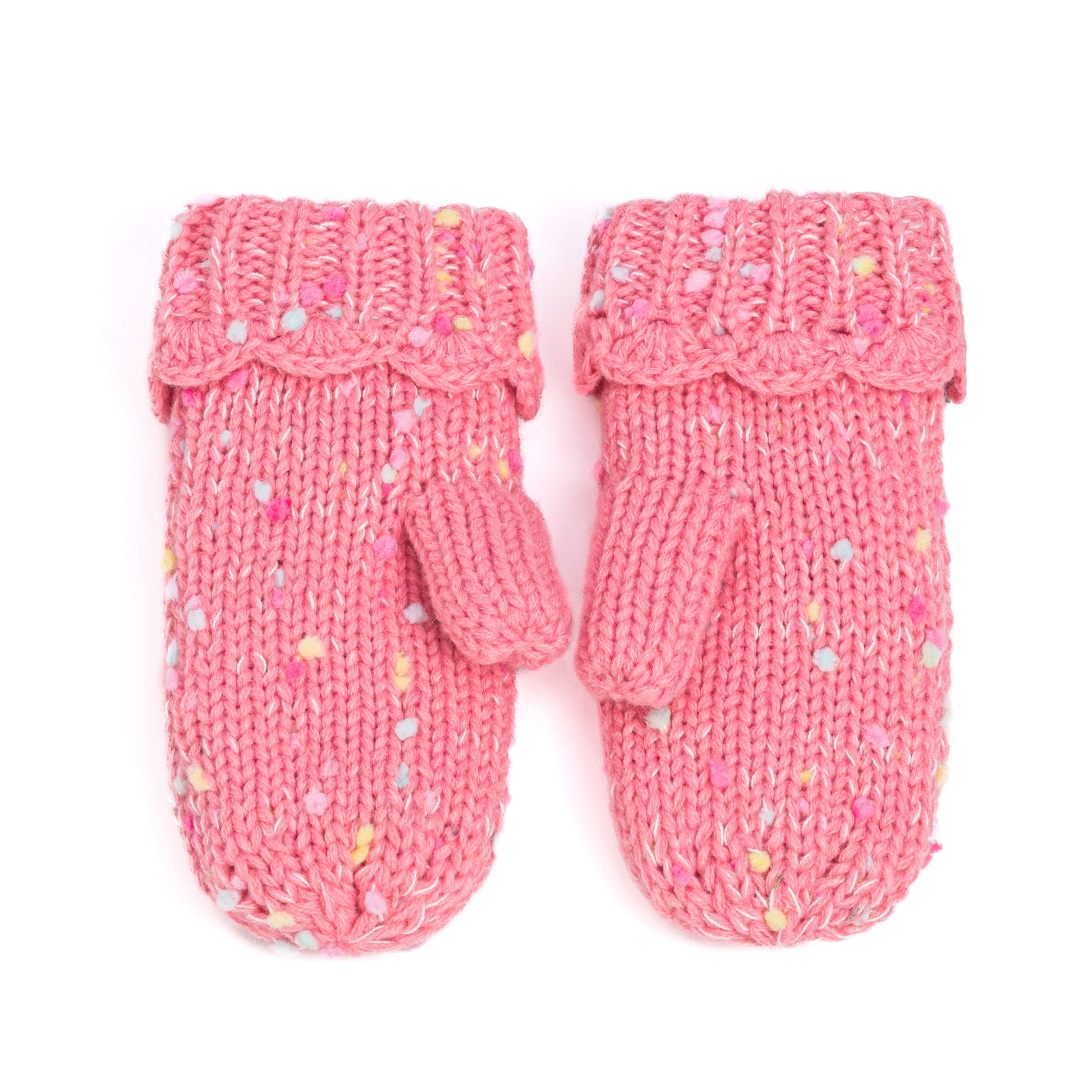 Girls Fun Speckled Knit Mittens with Scalloped Lace Cuff, for Kids All Ages 1-12 Years, Fleece-lined
