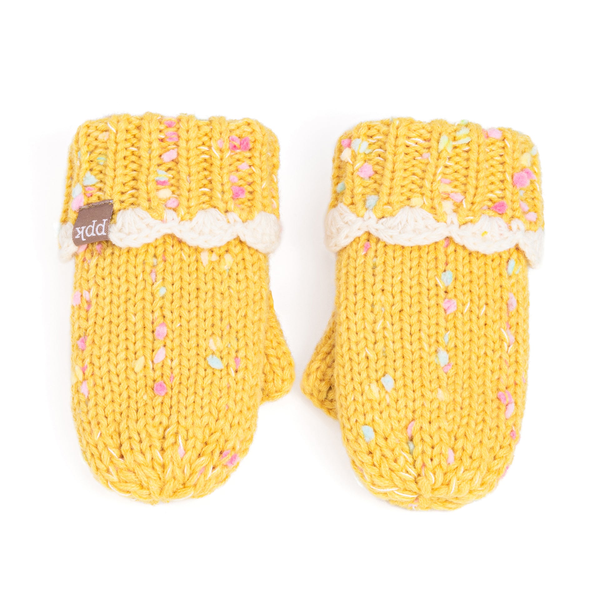 Girls Fun Speckled Knit Mittens with Scalloped Lace Cuff, for Kids All Ages 1-12 Years, Fleece-lined