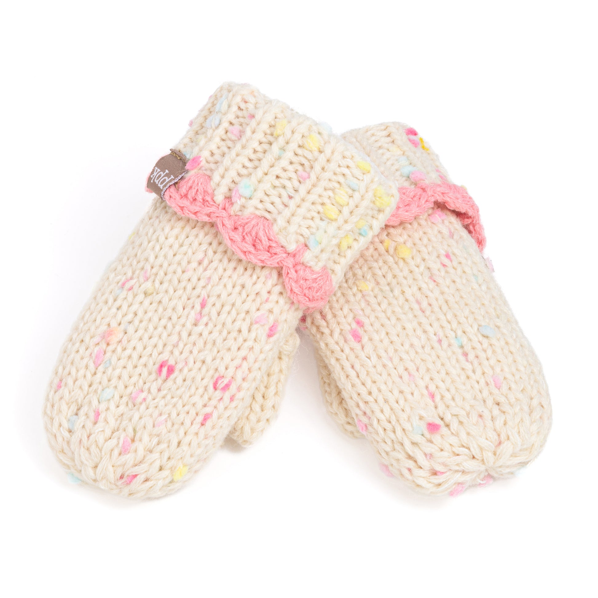 Girls Fun Speckled Knit Mittens with Scalloped Lace Cuff, for Kids All Ages 1-12 Years, Fleece-lined