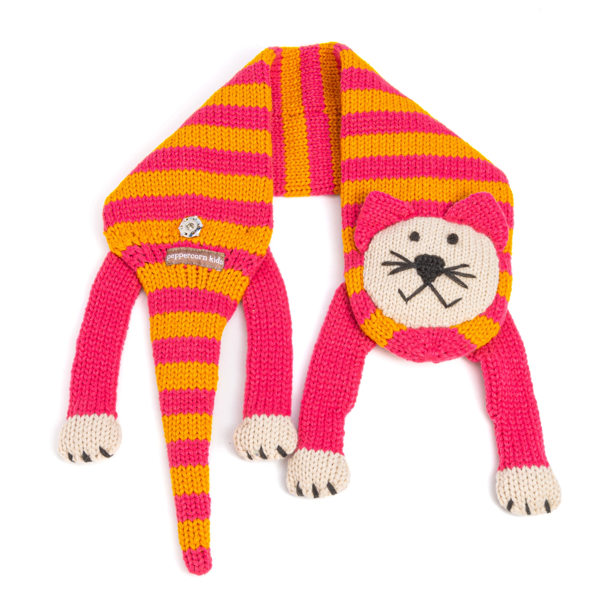 Kids Kitty Cat Double-Layer Knitted Scarf - Fun Critter Design for Children All Ages - Pink / Mustard