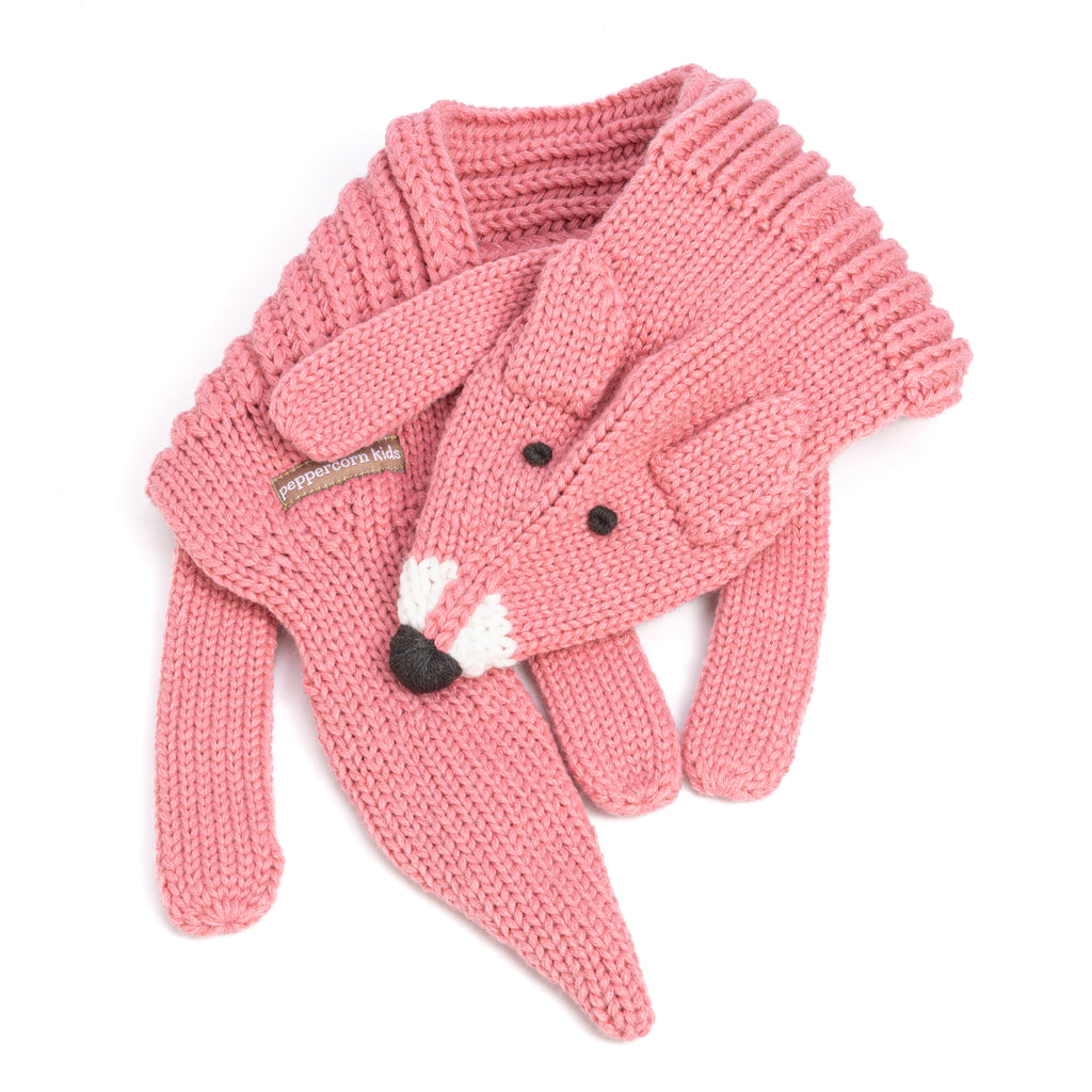 Girls Fox Knitted Neck Scarf - Fun Woodland Critter Design for Children All Ages, Vintage Rose