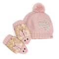 Girls Knit Heart Beanie Mittens 2PC Set with Cute Rabbit Mittens Soft Fleece-Lined, Age 4-6