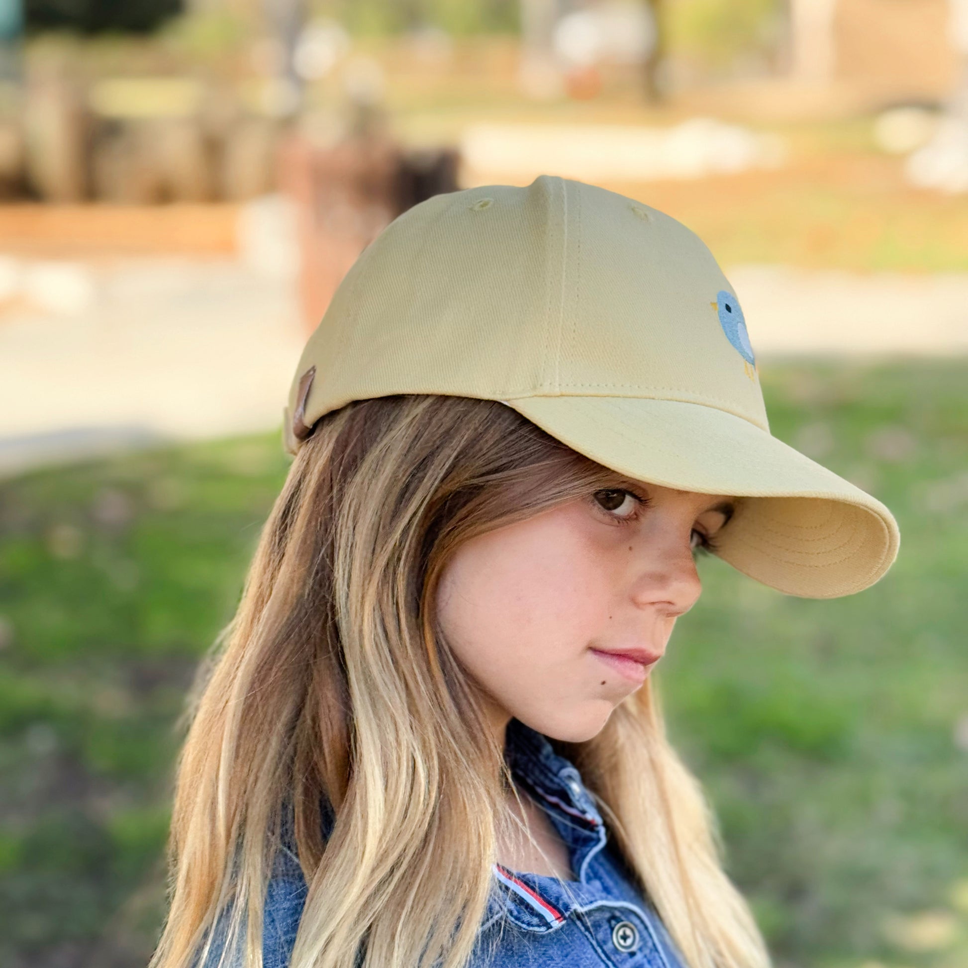 Girls Bird Patch Baseball Cap (Age 3-6/7Y) for Toddler and Little Girls, Natural Cotton- Vintage Yellow