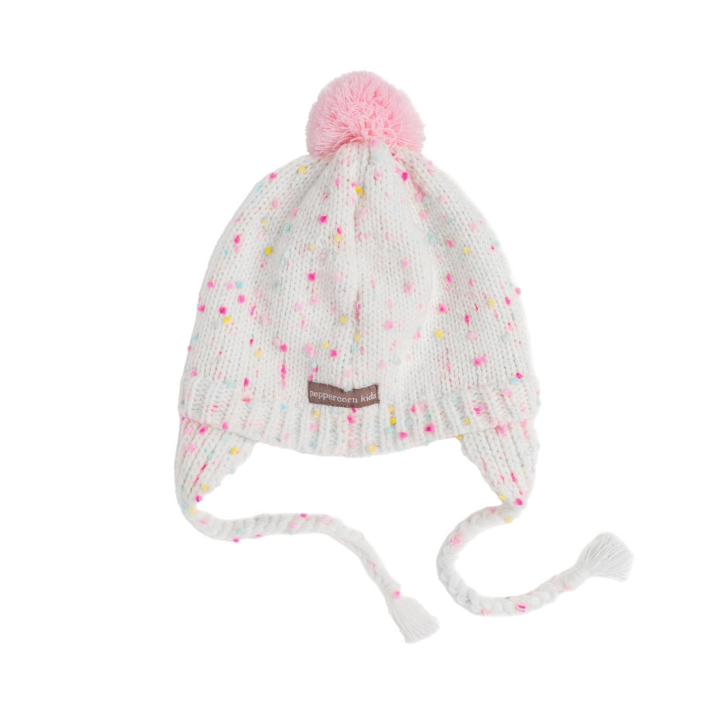 White Speckled Knit Girls Pompom Beanie Hat for Babies, Toddlers and Little Children