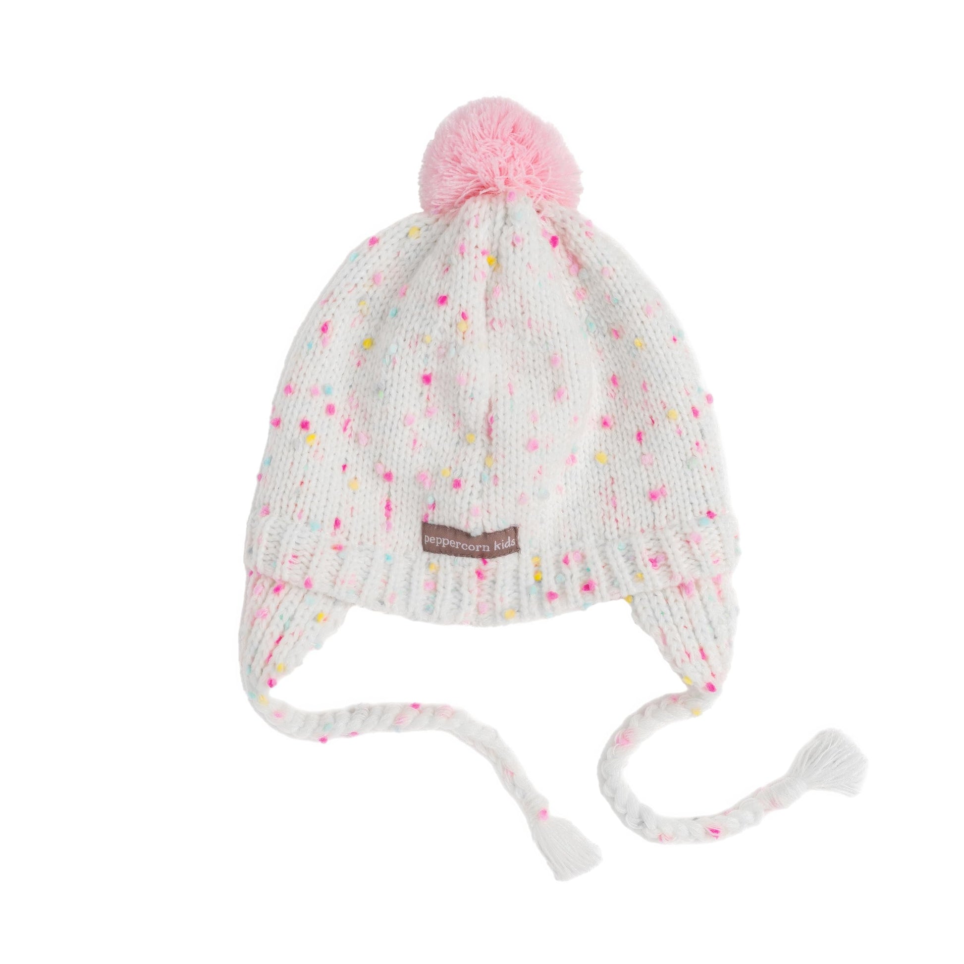 White Speckled Knit Girls Pompom Beanie Hat for Babies, Toddlers and Little Children