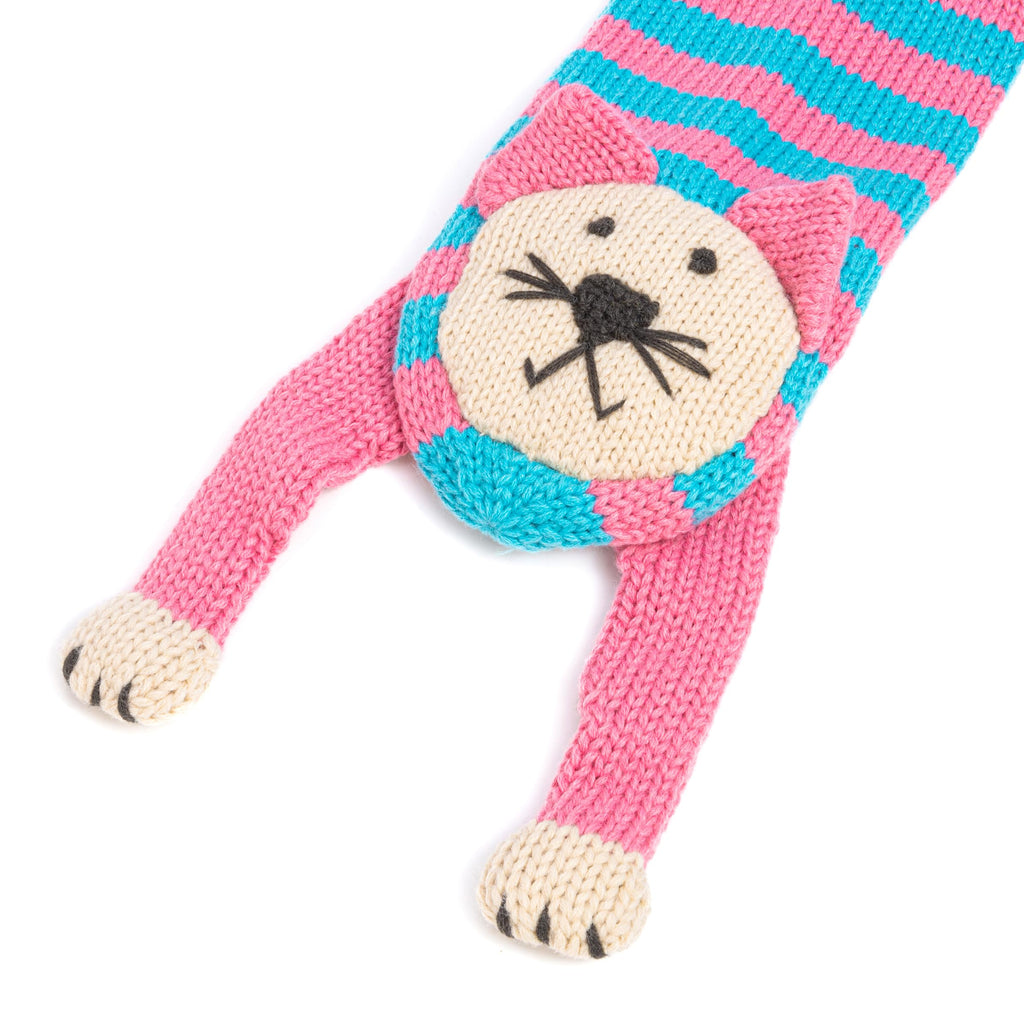 Kids Kitty Cat Double-Layer Knitted Scarf - Fun Critter Design for Children All Ages - Pink / Blue