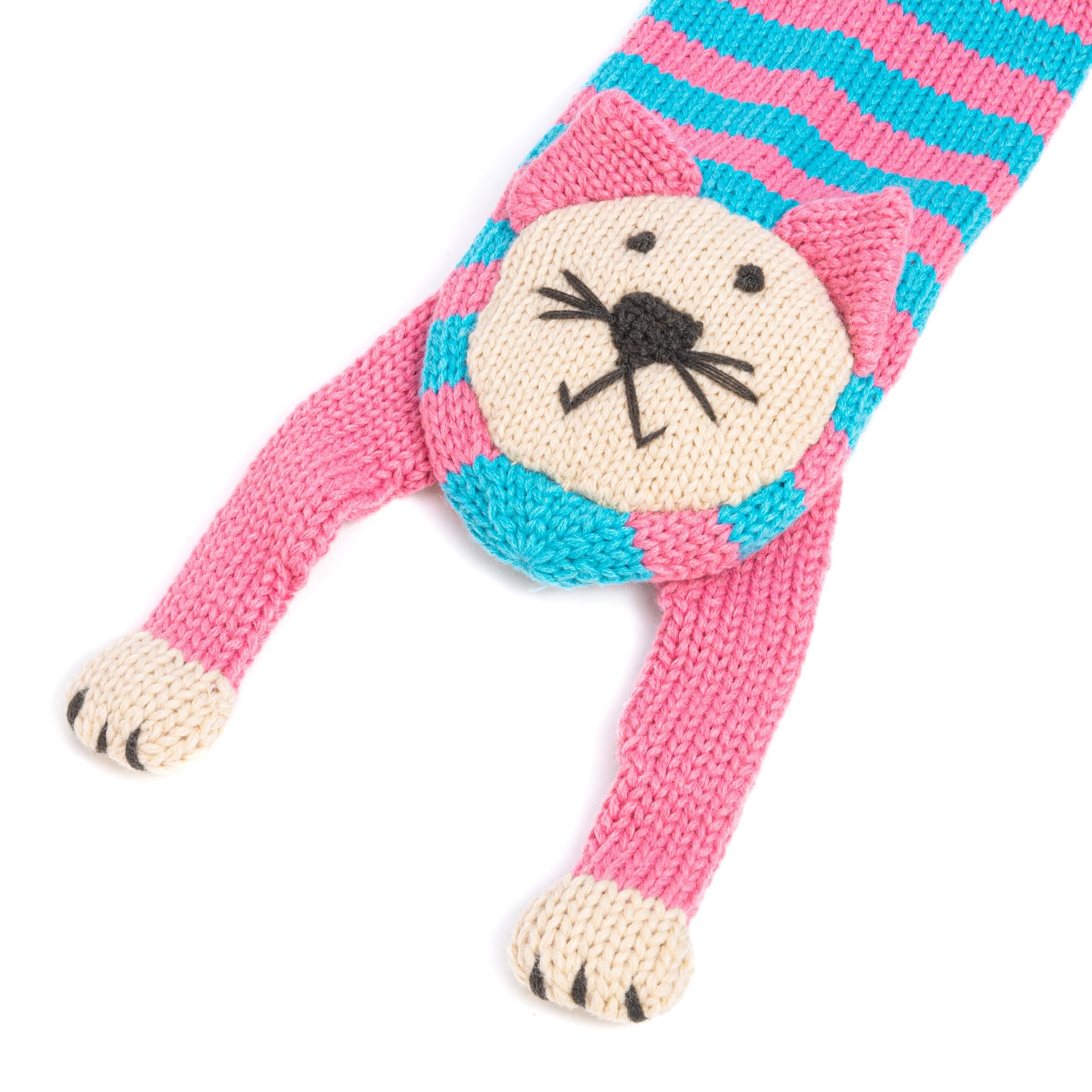 Kids Kitty Cat Double-Layer Knitted Scarf - Fun Critter Design for Children All Ages - Pink / Blue