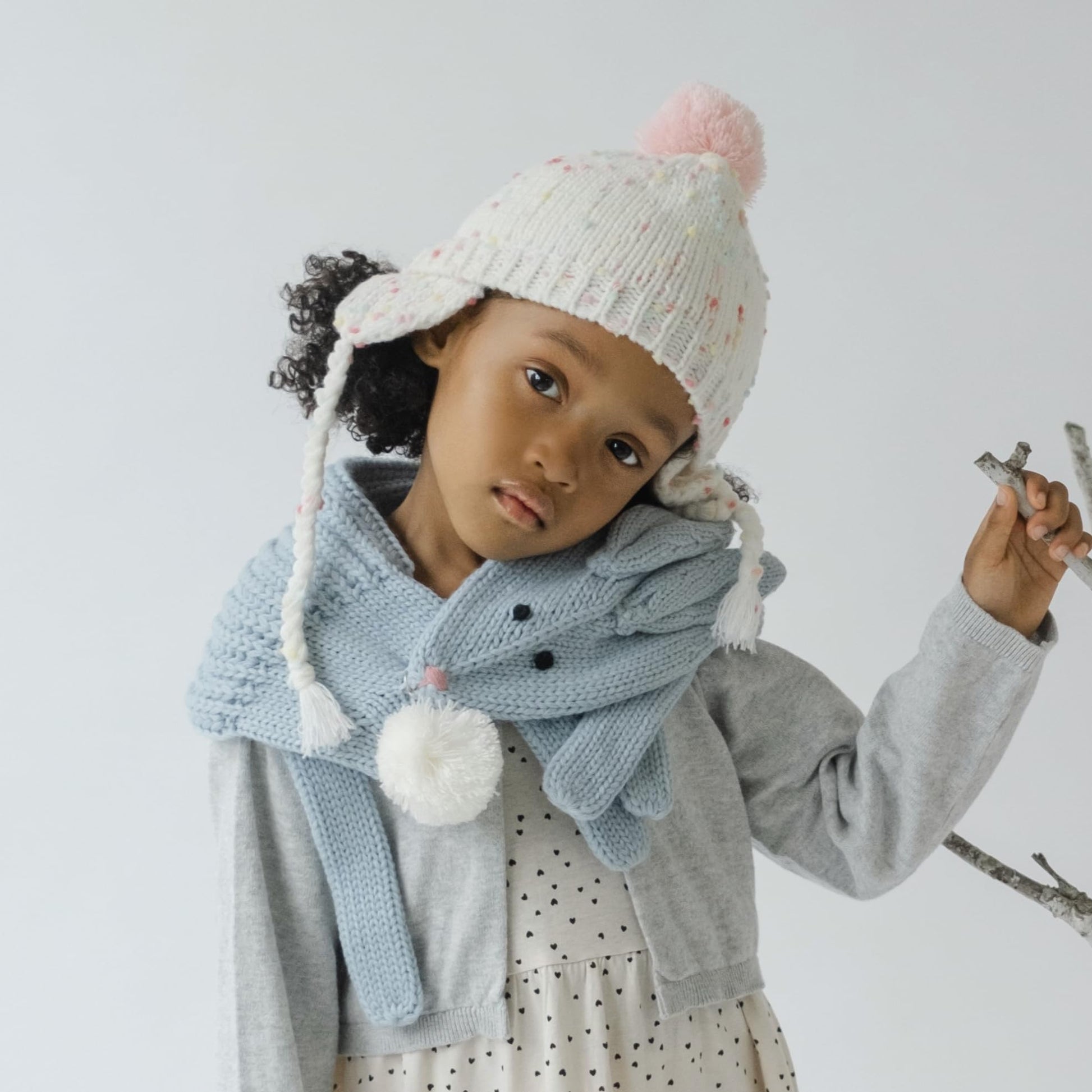 White Speckled Knit Girls Pompom Beanie Hat for Babies, Toddlers and Little Children