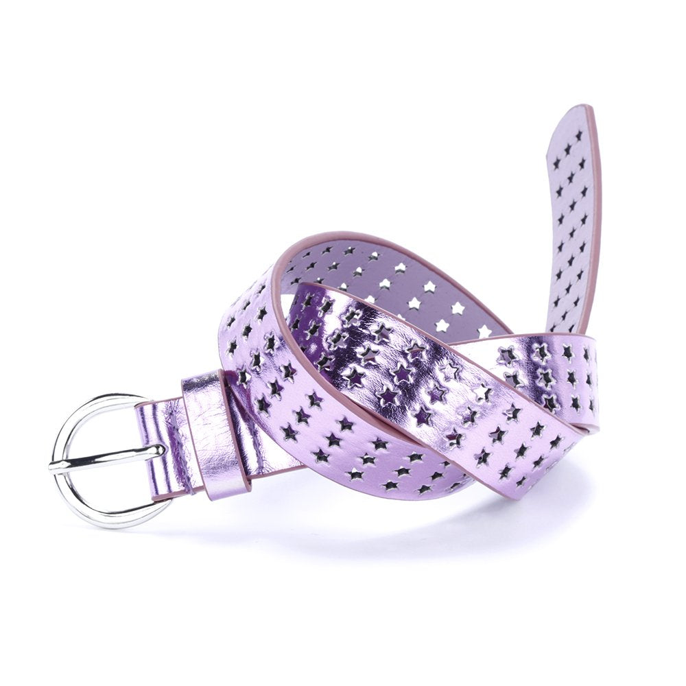 Girls Stars Perforated Metallic Leather Belt - - Stylish Shiny Belt for Girls All Ages