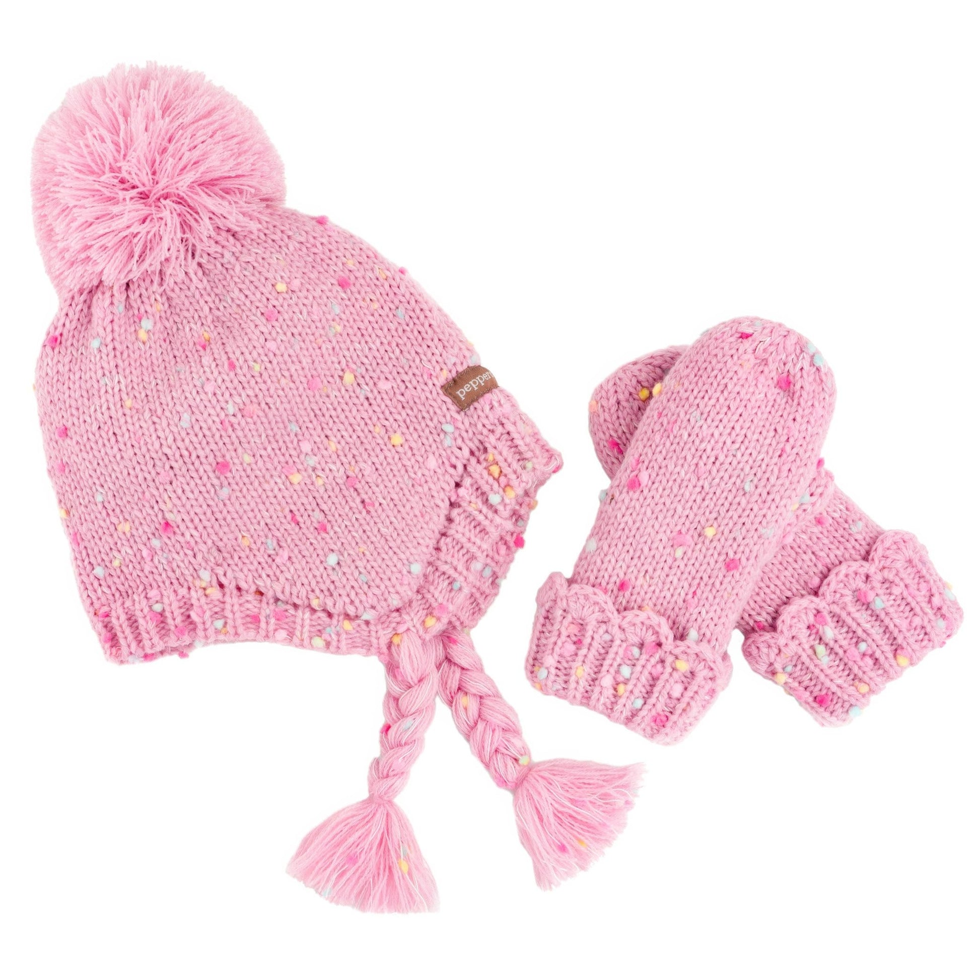 Peppercorn Kids Girls Warm Knit Pink Earflap Hat Set with Mittens