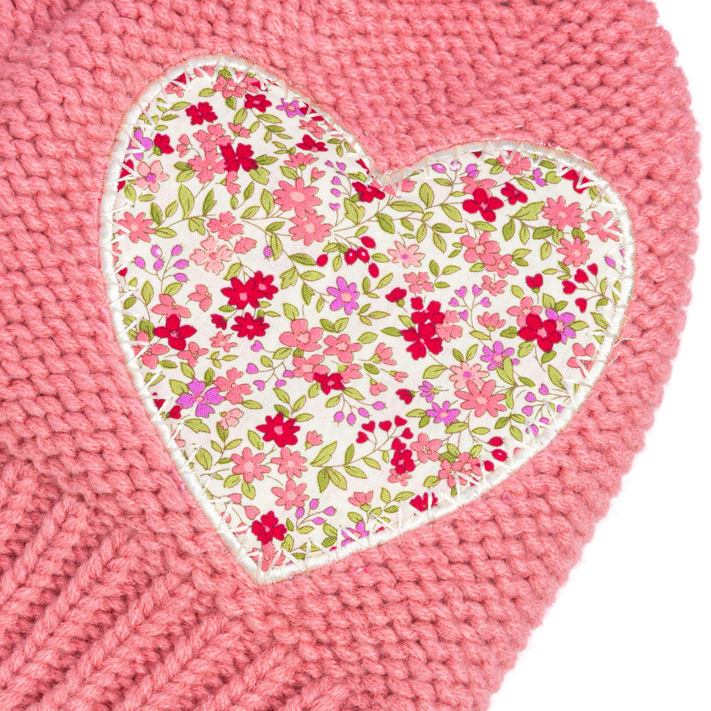 Girls Knit Pompom Beanie with Floral Heart Applique, Soft Fleece-Lined, Unique, Stylish Design, Premium Quality (Kids 1-6 Years)