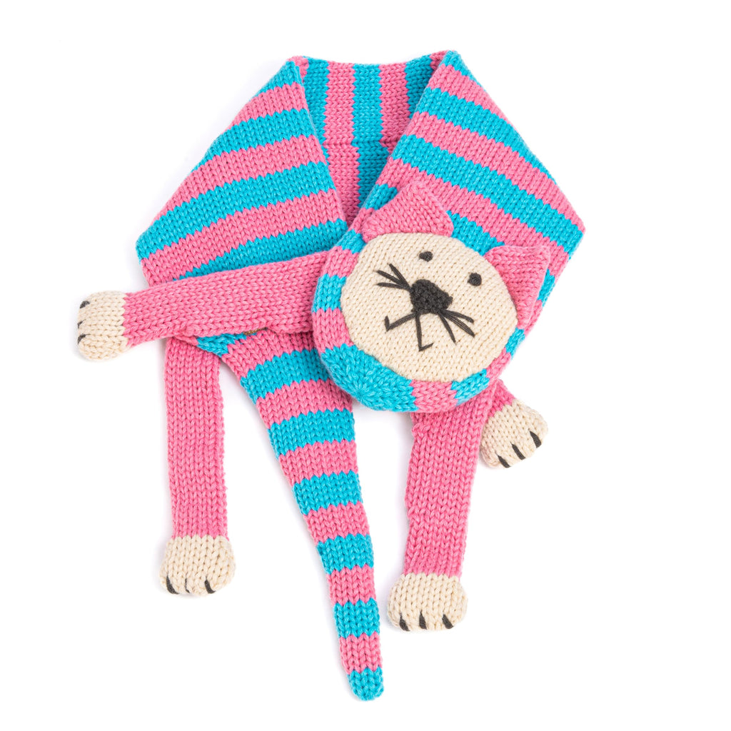 Kids Kitty Cat Double-Layer Knitted Scarf - Fun Critter Design for Children All Ages - Pink / Blue