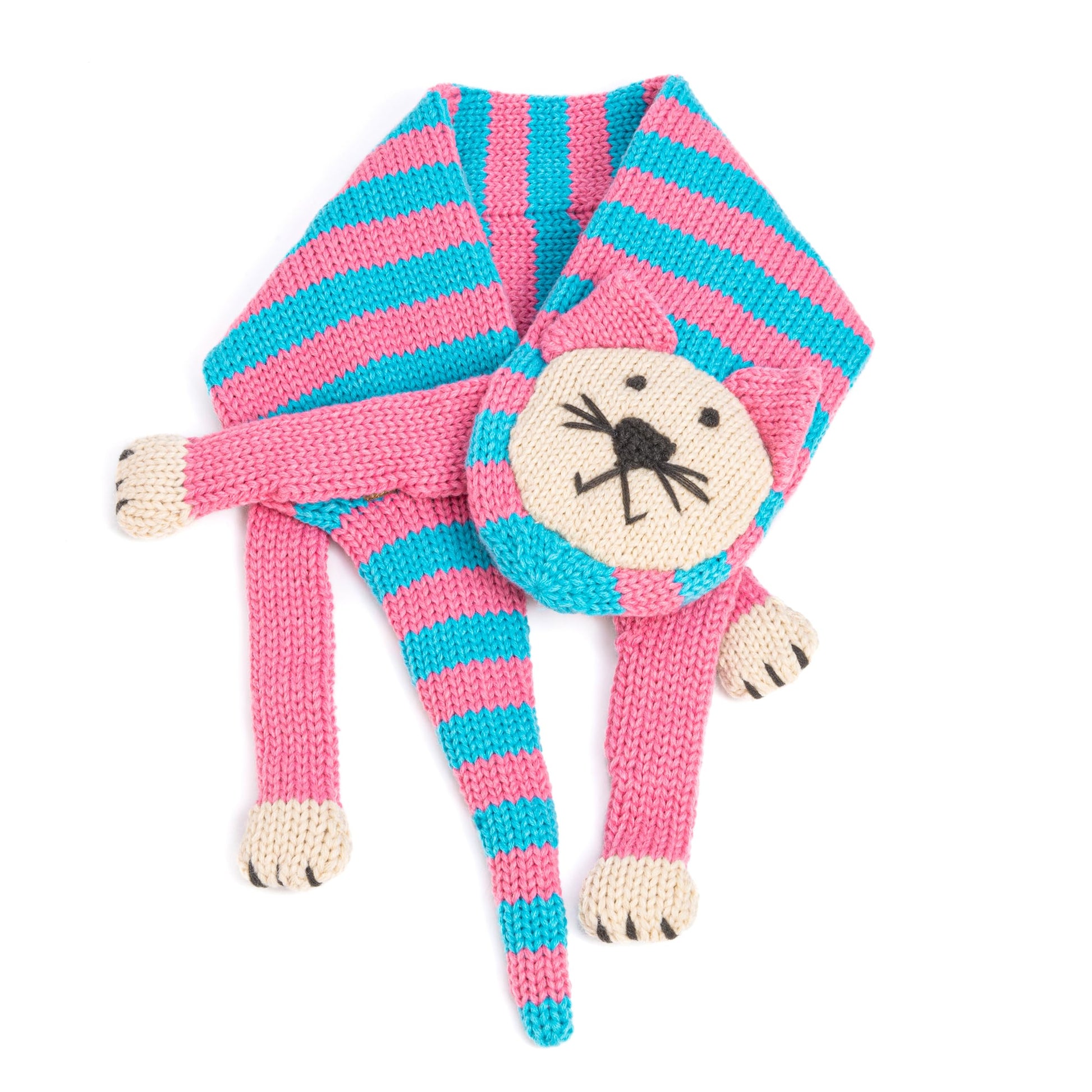 Kids Kitty Cat Double-Layer Knitted Scarf - Fun Critter Design for Children All Ages - Pink / Blue