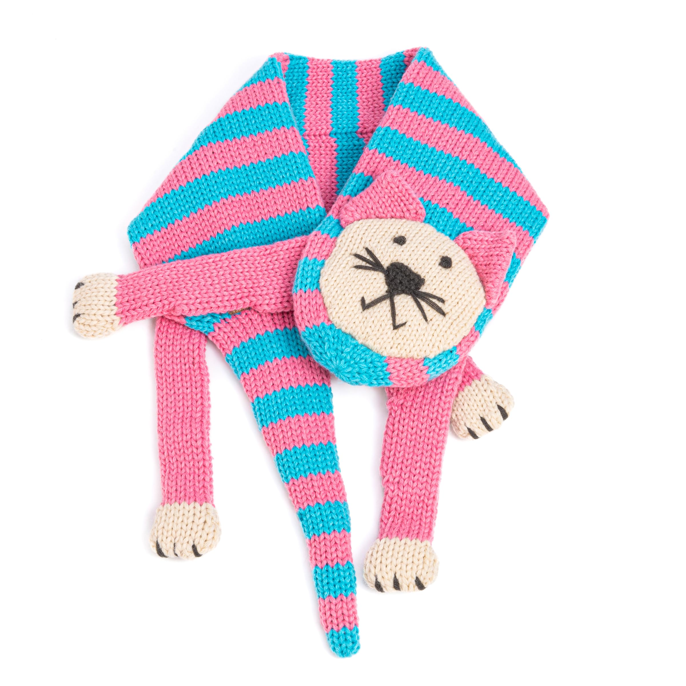 Kids Kitty Cat Double-Layer Knitted Scarf - Fun Critter Design for Children All Ages - Pink / Blue