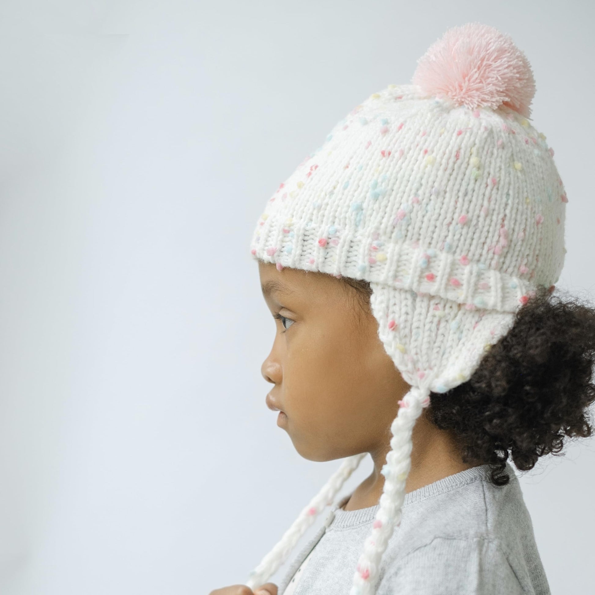 White Speckled Knit Girls Pompom Beanie Hat for Babies, Toddlers and Little Children