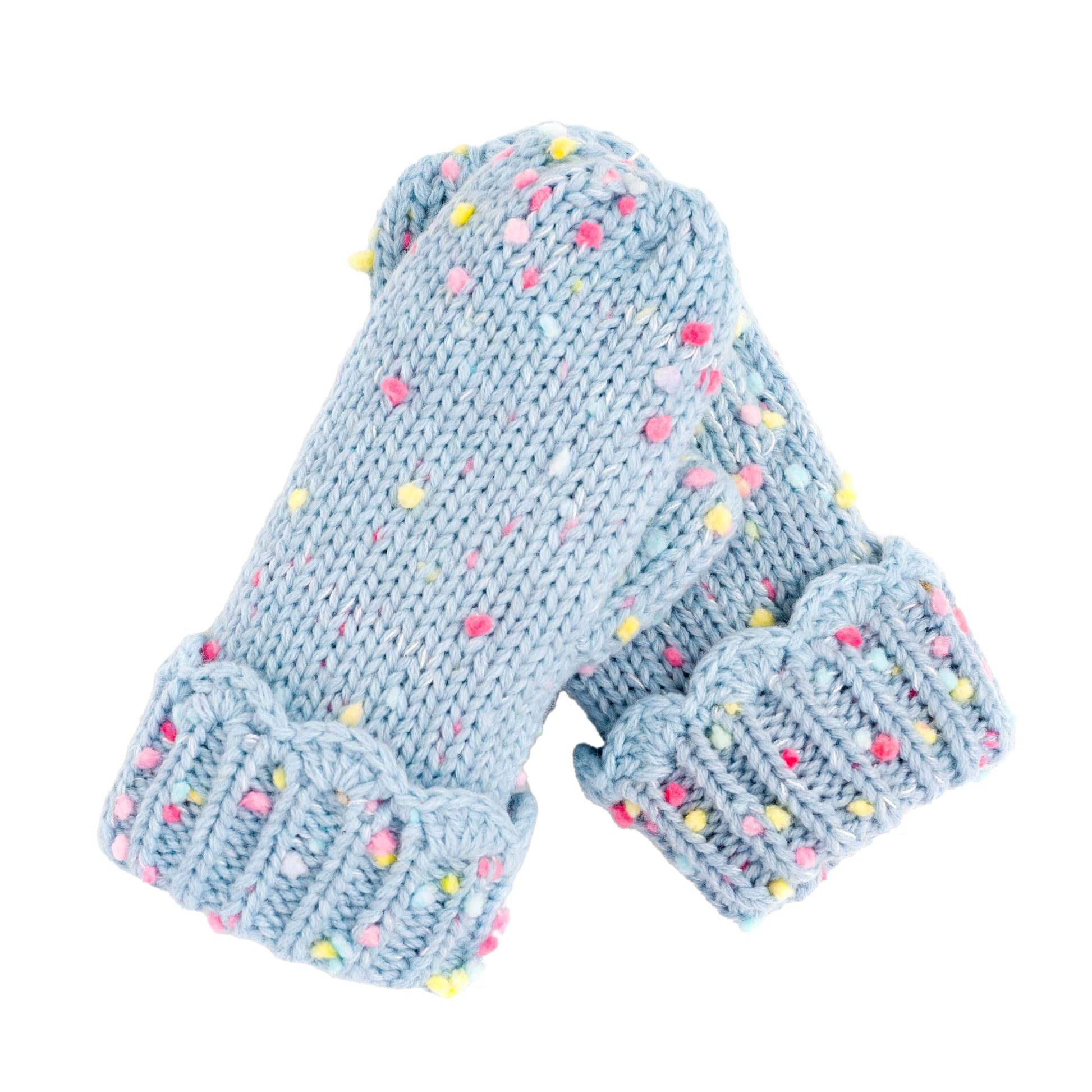 Girls Fun Speckled Knit Mittens with Scalloped Lace Cuff, for Kids All Ages 1-12 Years, Fleece-lined