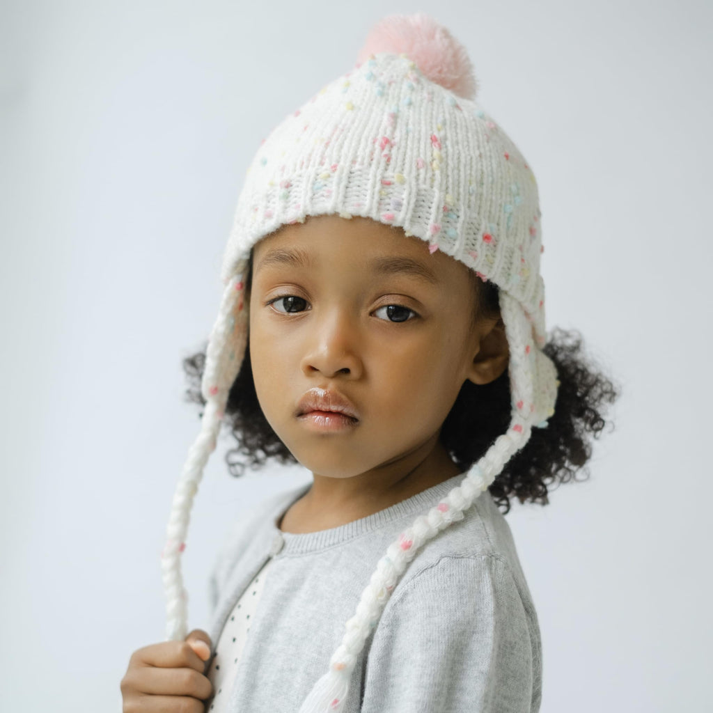 White Speckled Knit Girls Pompom Beanie Hat for Babies, Toddlers and Little Children