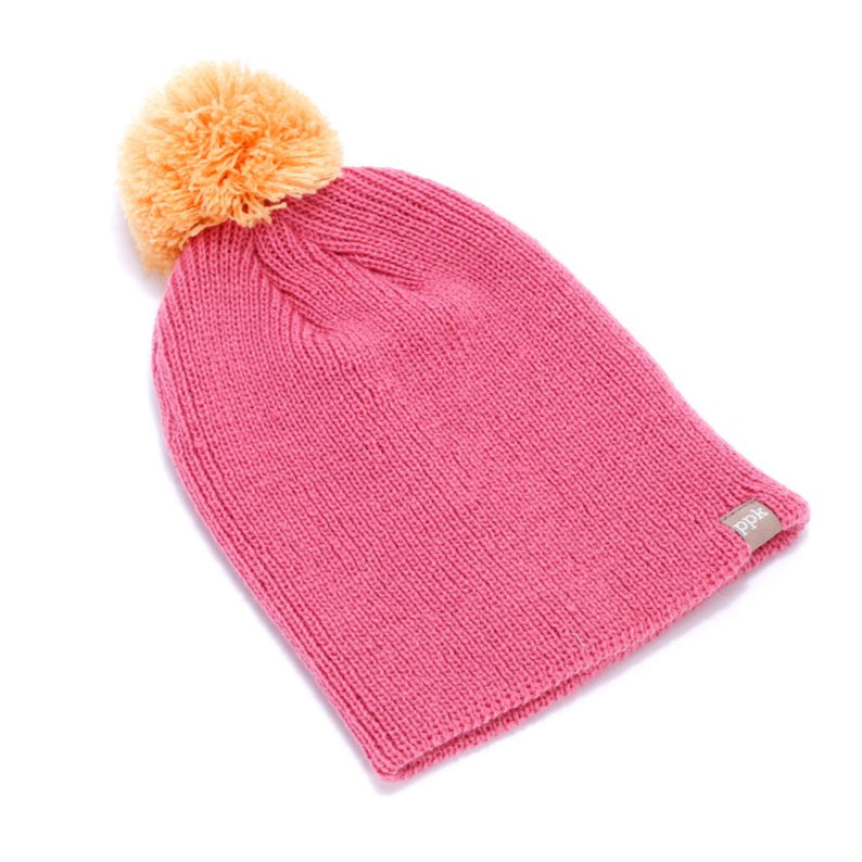 Girls Basic Pompom Beanie- One Size, Stretchy, Double-Layer Knit