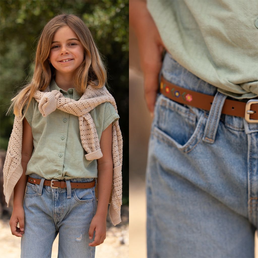 Kids Boho Leather Belt with Floral Embroidery Pattern for Girls 4-14 Years