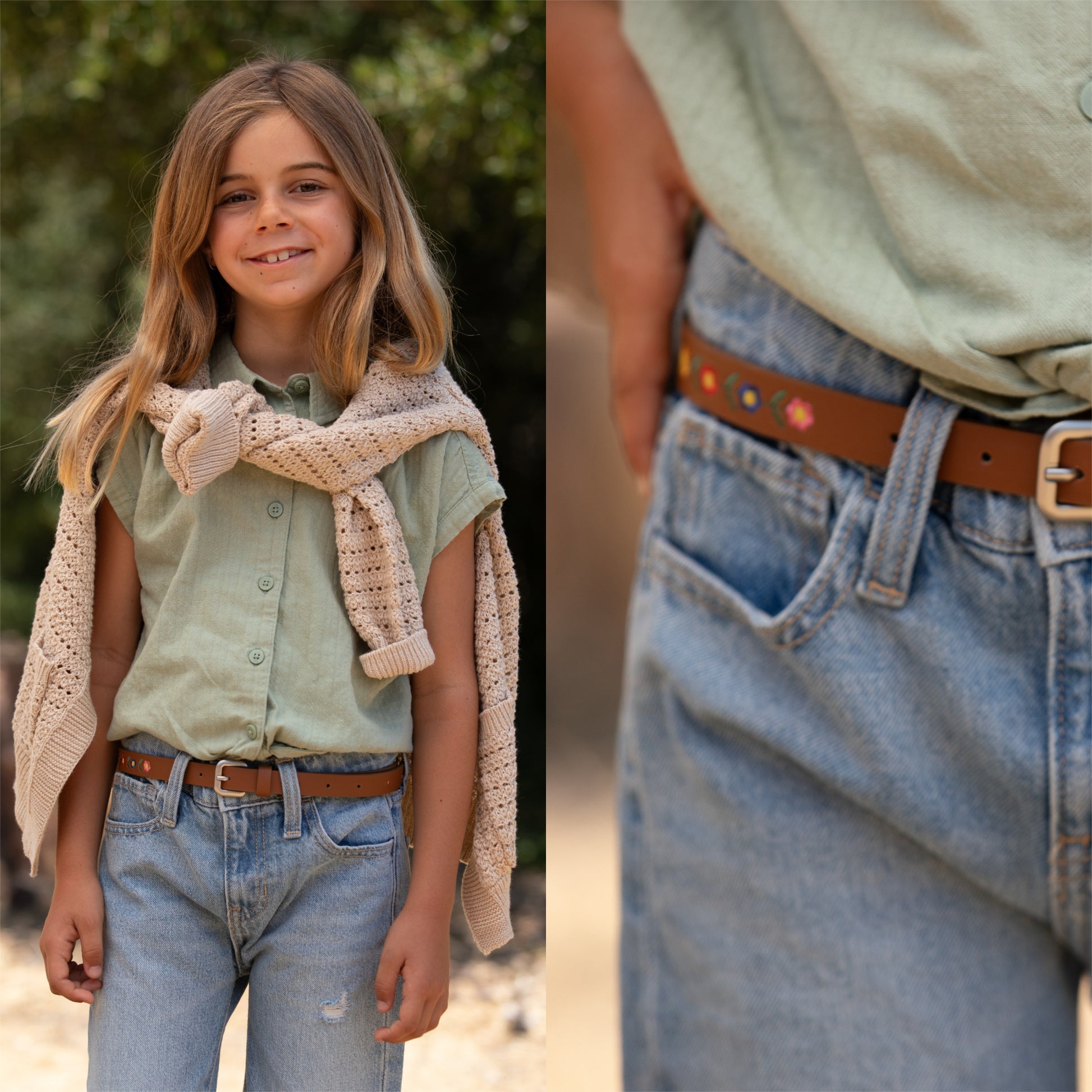Kids Boho Leather Belt with Floral Embroidery Pattern for Girls 4-14 Years