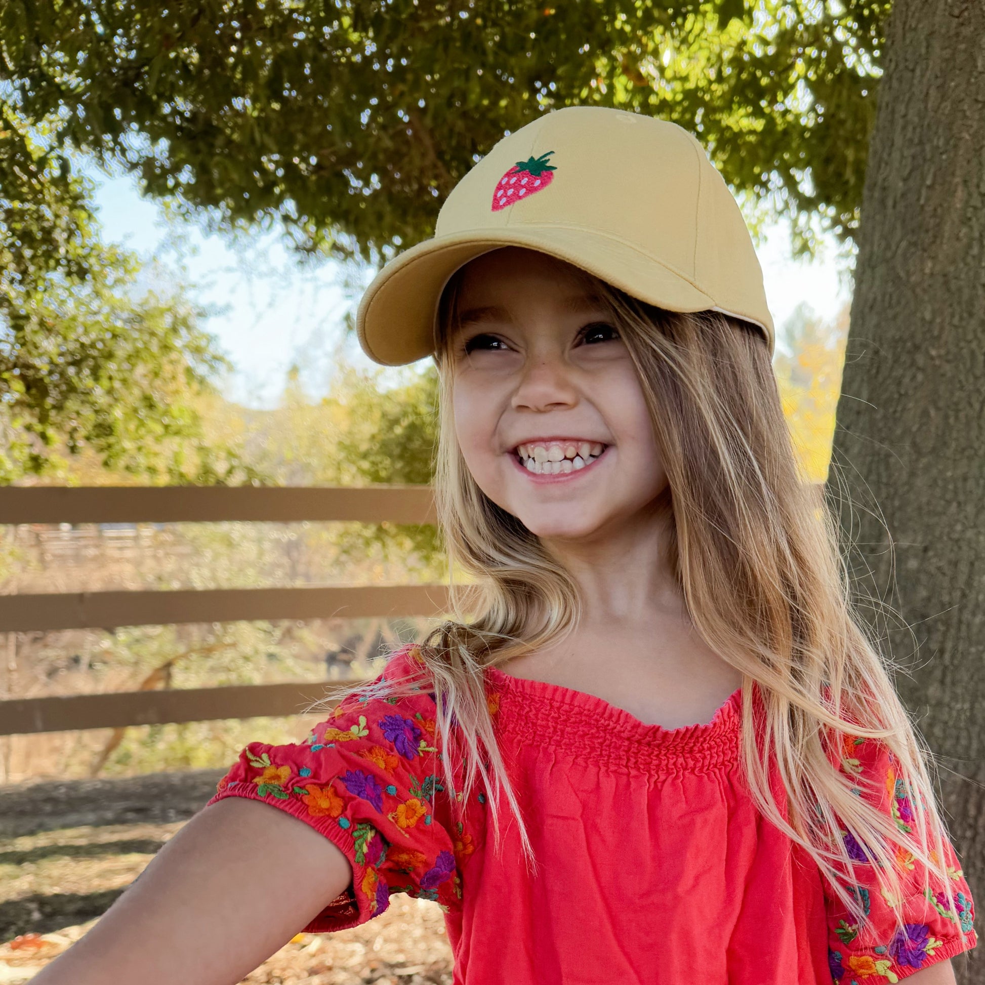 Girls Strawberry Baseball Hat, Vintage Yellow Cotton, Adjustable Sun Cap 3-7Y