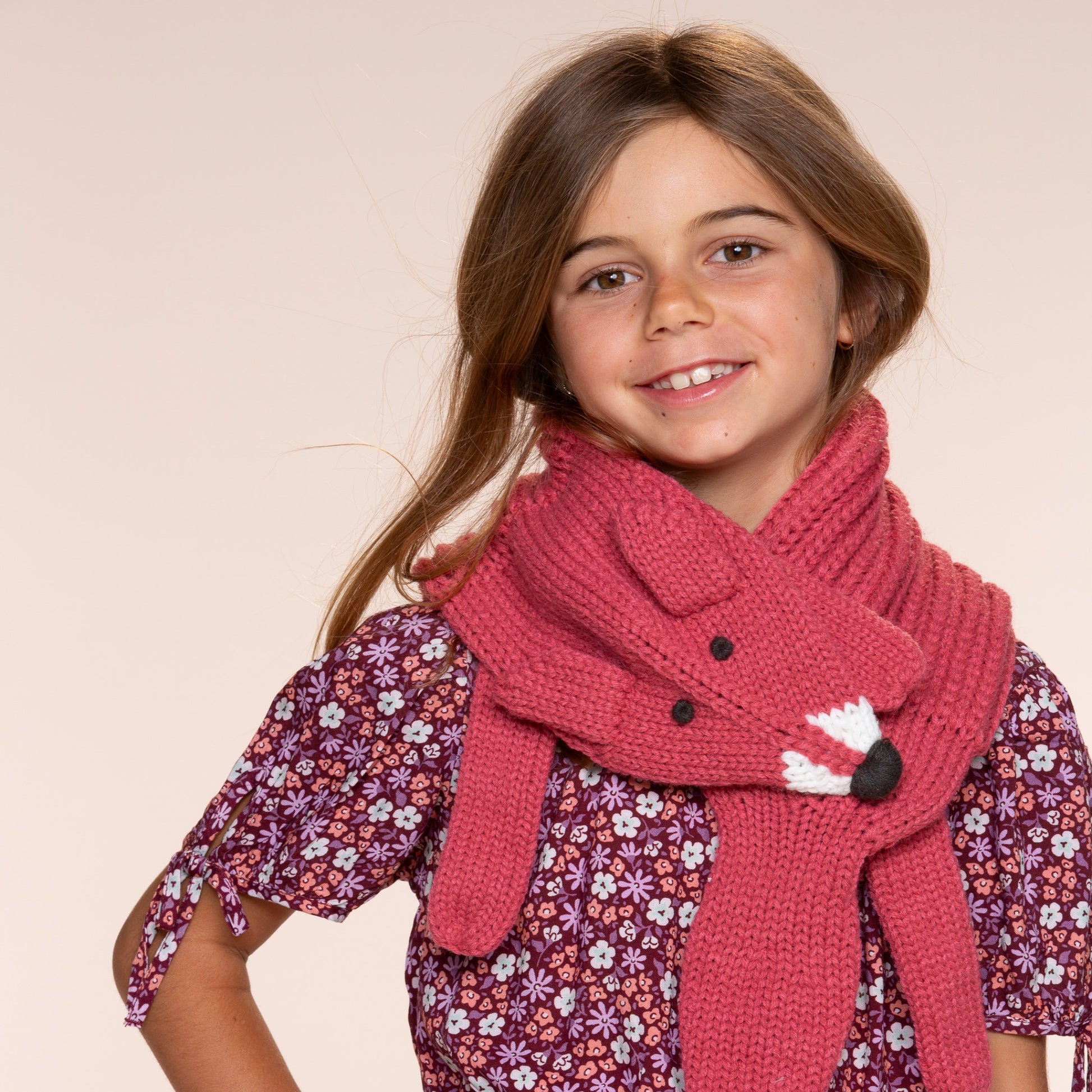Girls Fox Knit Neck Winter Scarf - Fun Critter Design for Kids All Ages, Rustic Red